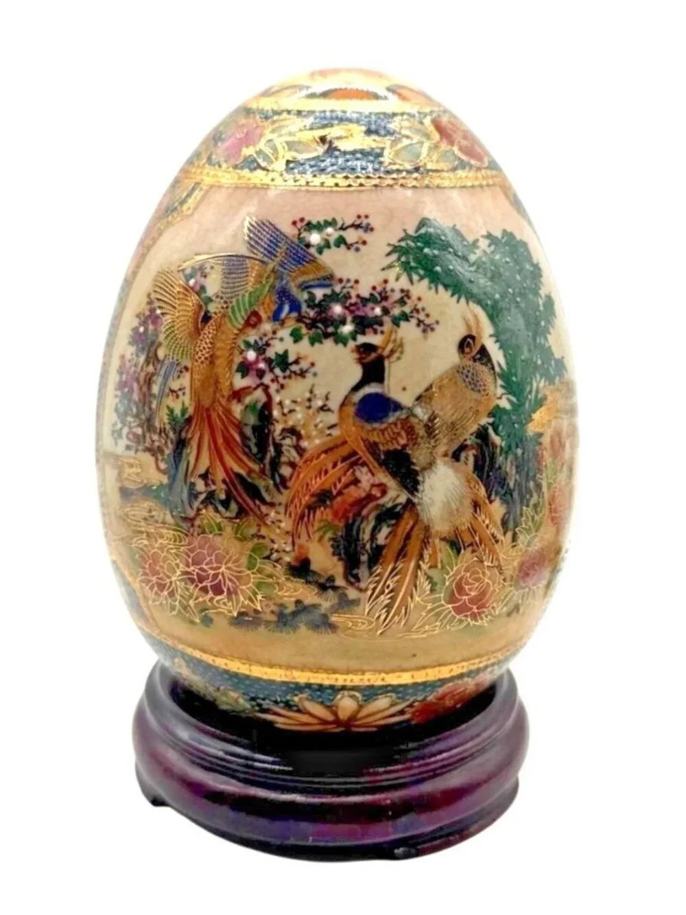 Vintage Satsuma Hand Painted Porcelain Egg Peacock & Floral Gilded 5